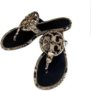 - TORY Burch Metal Miller Sandals  Python Snake, Embossed with Gold Me…